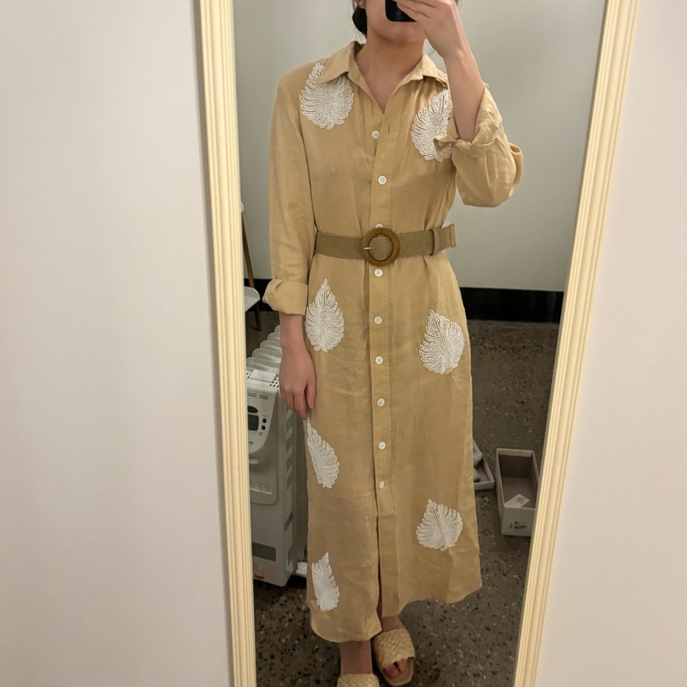 Zara beige linen Palm leaf beaded shirt dress